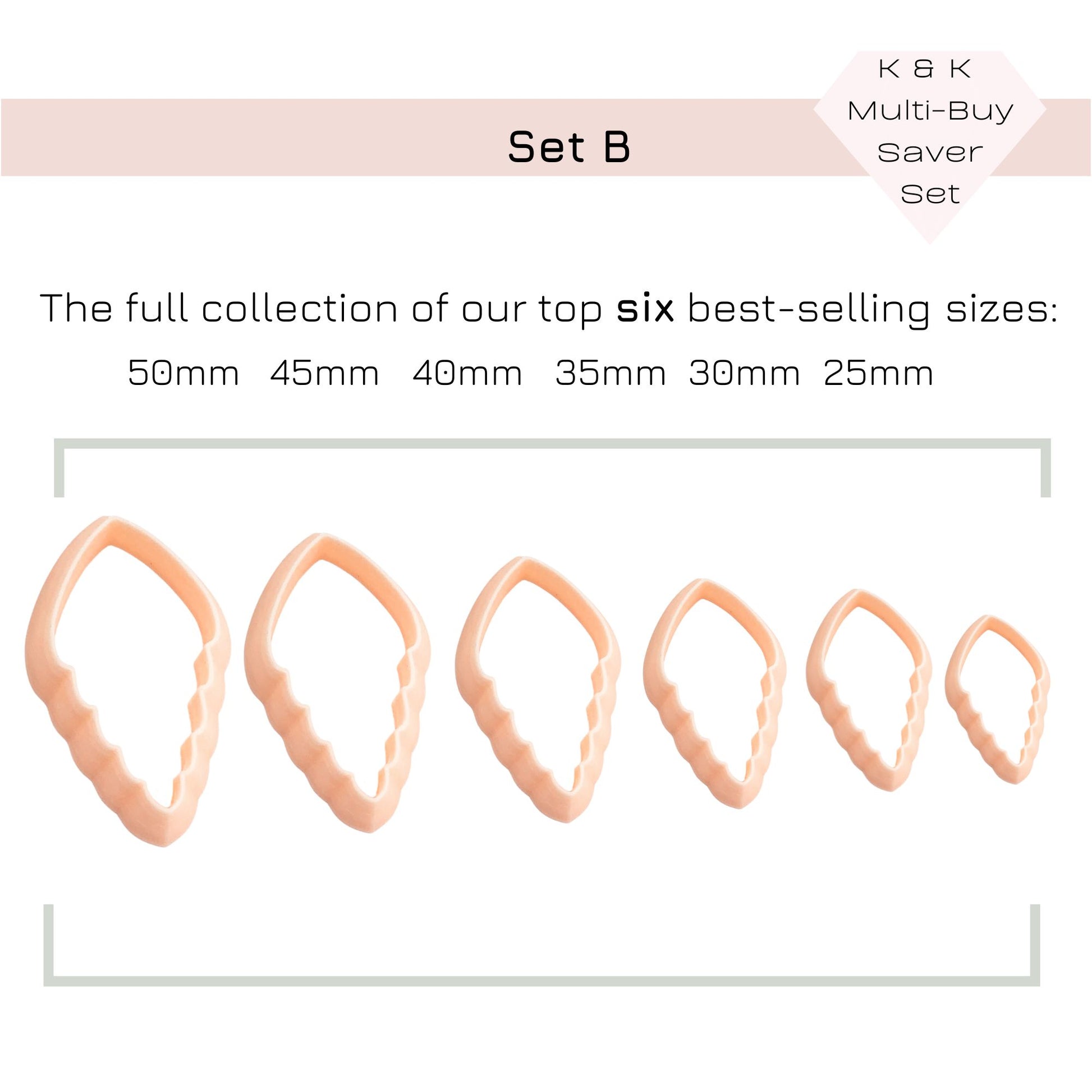 Autumn leaf clay cutter multi-buy saver set. Text reads: Set B - The full collection of our top six best-selling sizes: 25-50mm