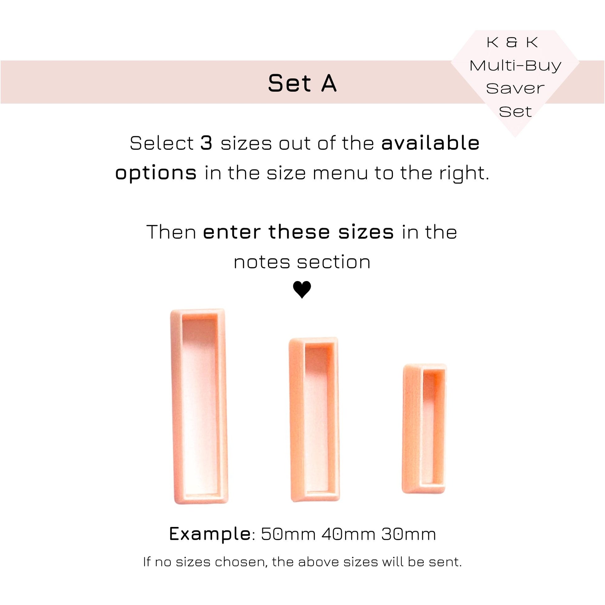 A product information graphic for a set of three rectangular plastic clay cutter peachy pink, labelled 'Set A'. The image includes text instructions on how to select three sizes from a size menu and enter them in the notes section, with example dimensions '50mm 40mm 30mm'.