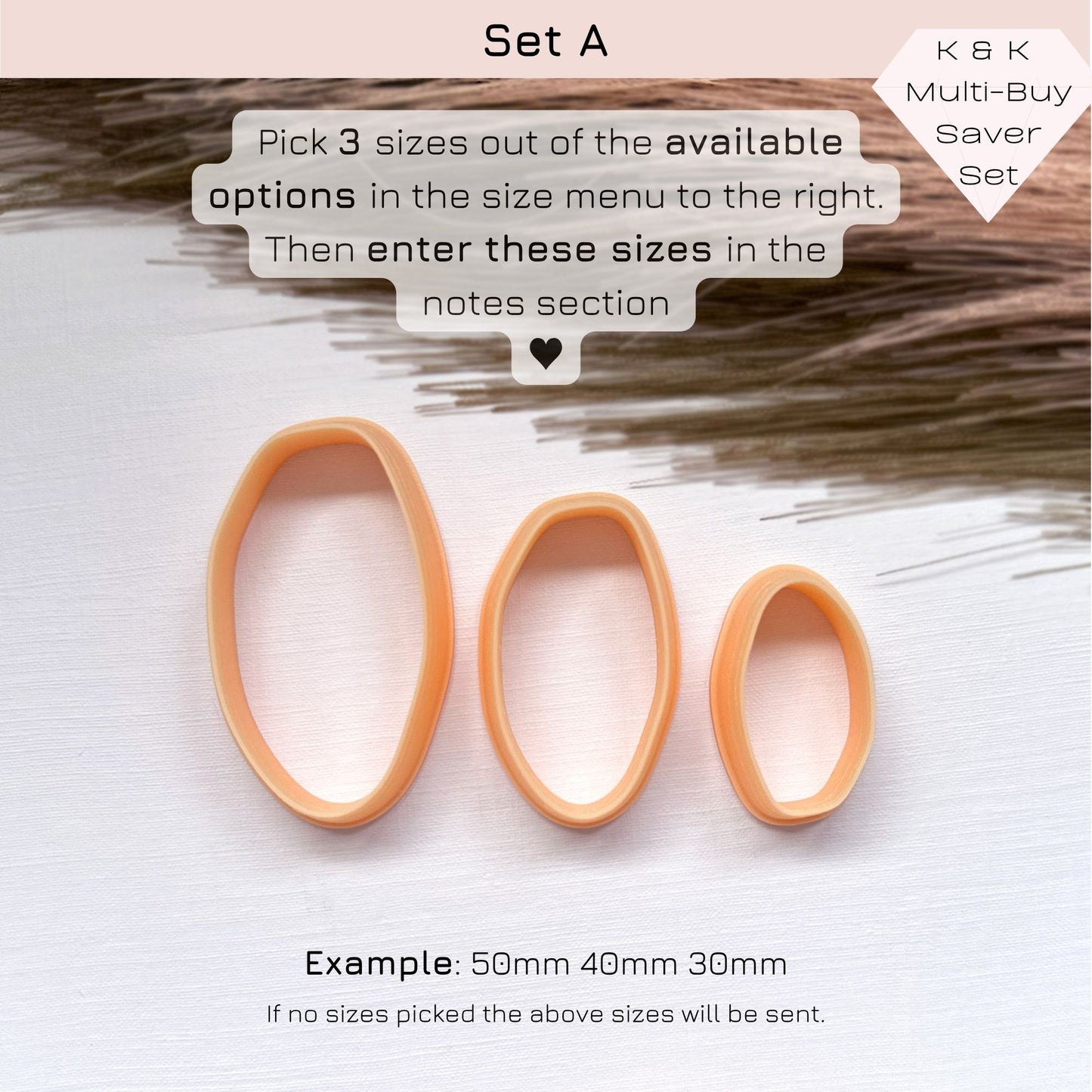 Three peach-colored organic oval shaped clay cutters in different sizes displayed on a light background with overlaid text explaining how to choose sizes from the menu and giving an example measurement set.