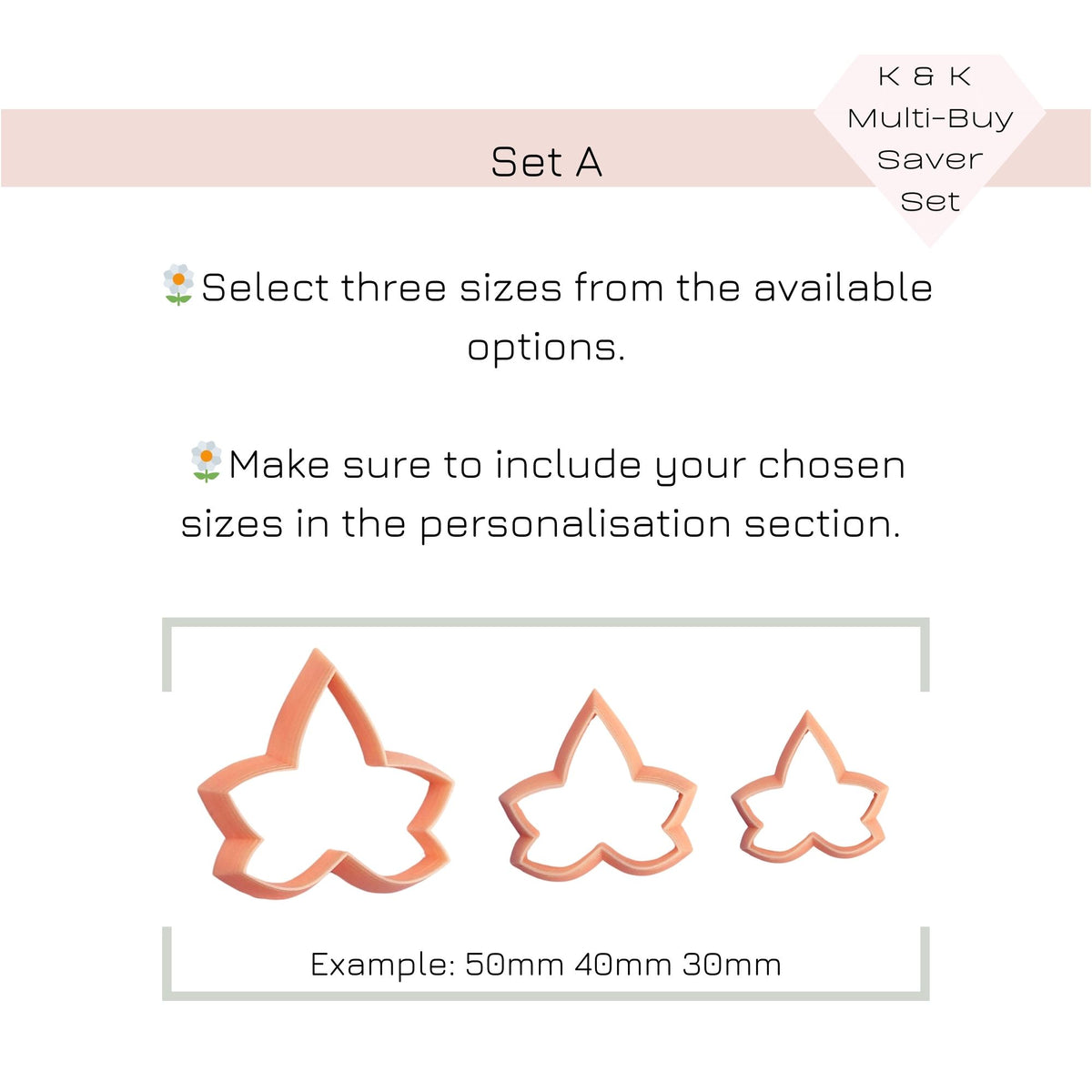 Informational graphic for a multi-buy saver set showing three peach ivy leaf-shaped cookie clay cutters in sizes 50mm, 40mm, and 30mm, with text instructions on how to select sizes and personalize the order.
