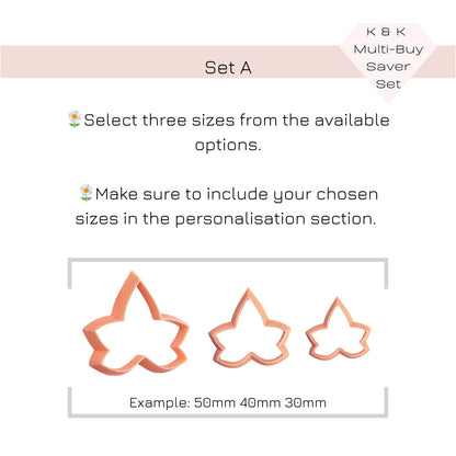 Informational graphic for a multi-buy saver set showing three peach ivy leaf-shaped cookie clay cutters in sizes 50mm, 40mm, and 30mm, with text instructions on how to select sizes and personalize the order.