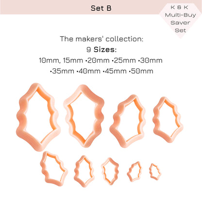 A set of peach-colored cookie cutters shown on a white background with text listing nine sizes from 10mm to 50mm under the heading 'The makers' collection: 9 Sizes:'.