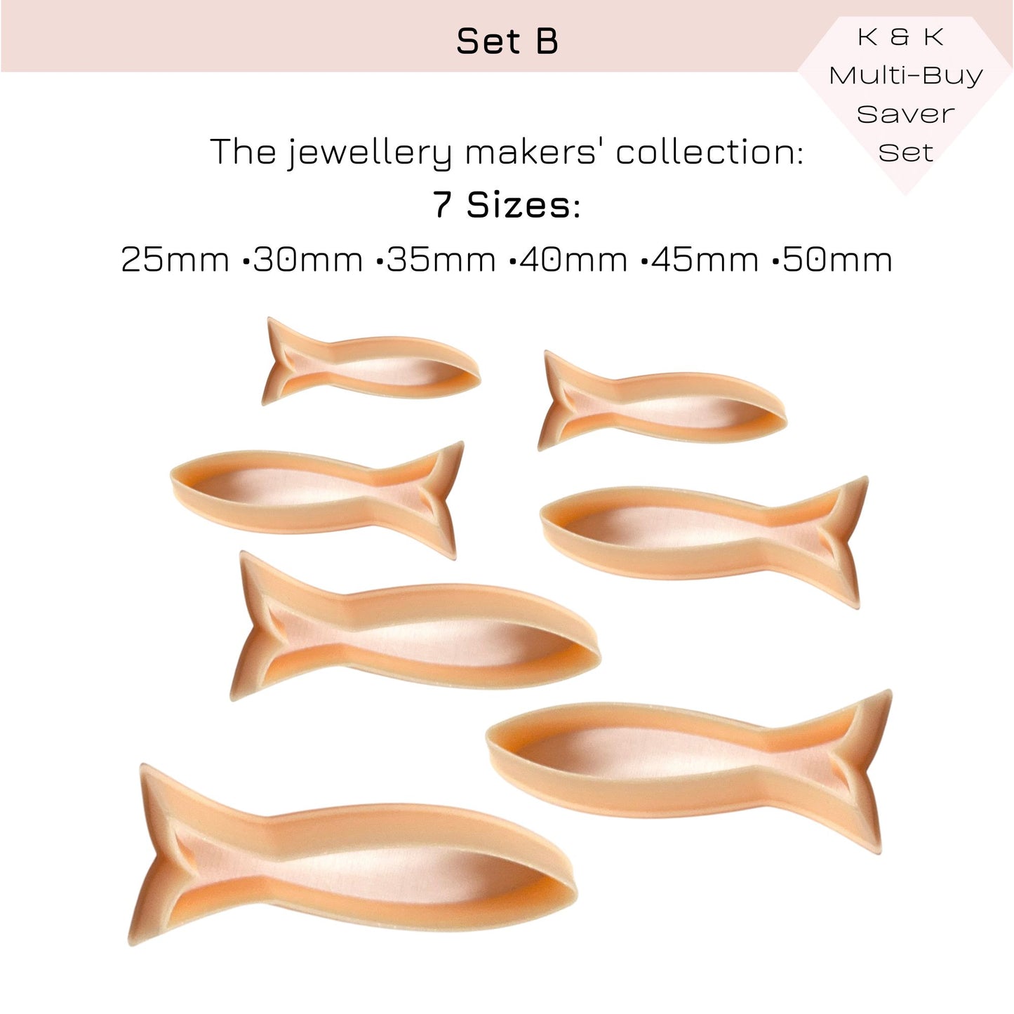 Sardine clay cutter. Long fish shape cutting tool for handmade jewellery making - set of 7 sizes