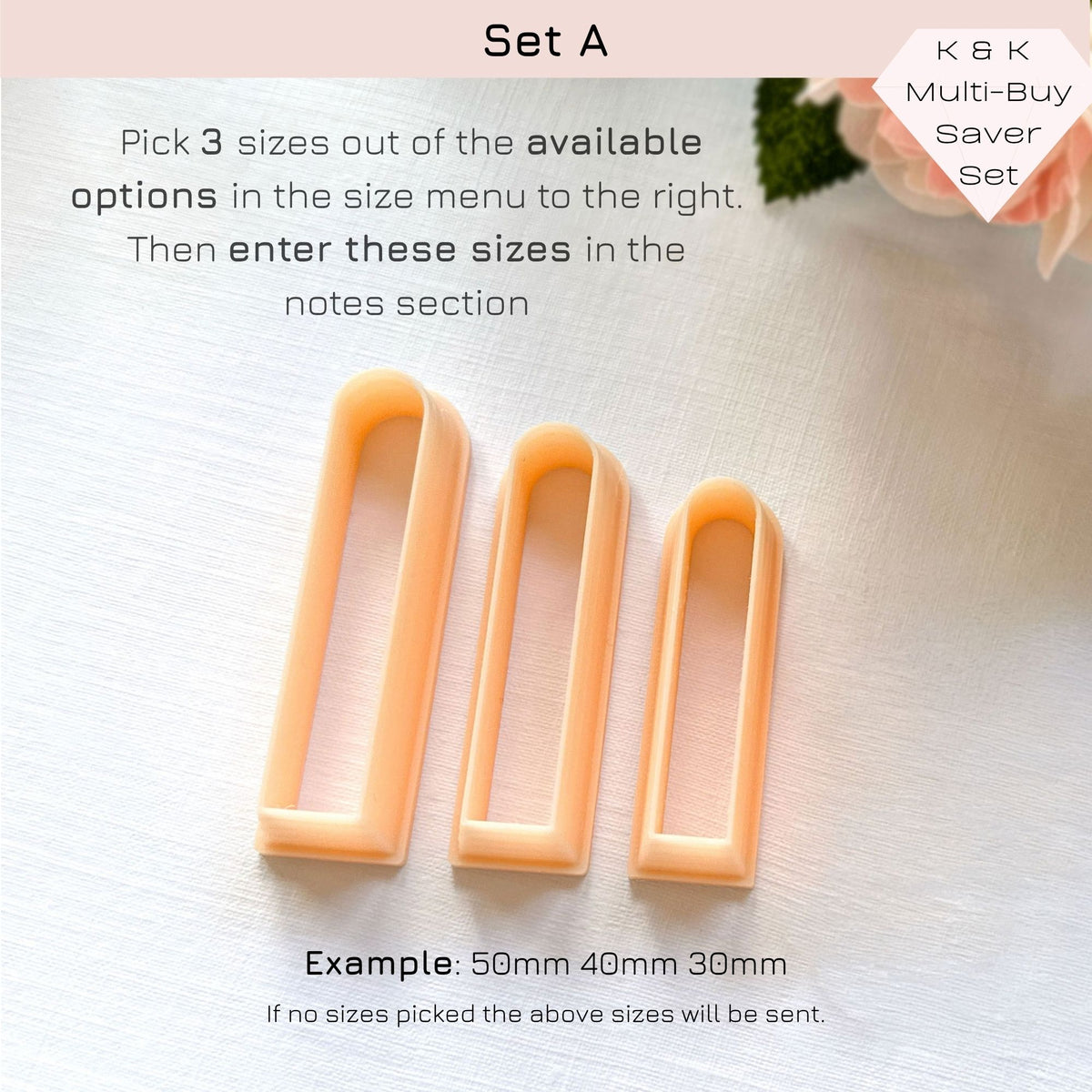 Three peach-colored plastic cutter templates arranged vertically on a light textured surface, with text explaining that Set A allows picking 3 sizes from the available options and showing an example size combination.