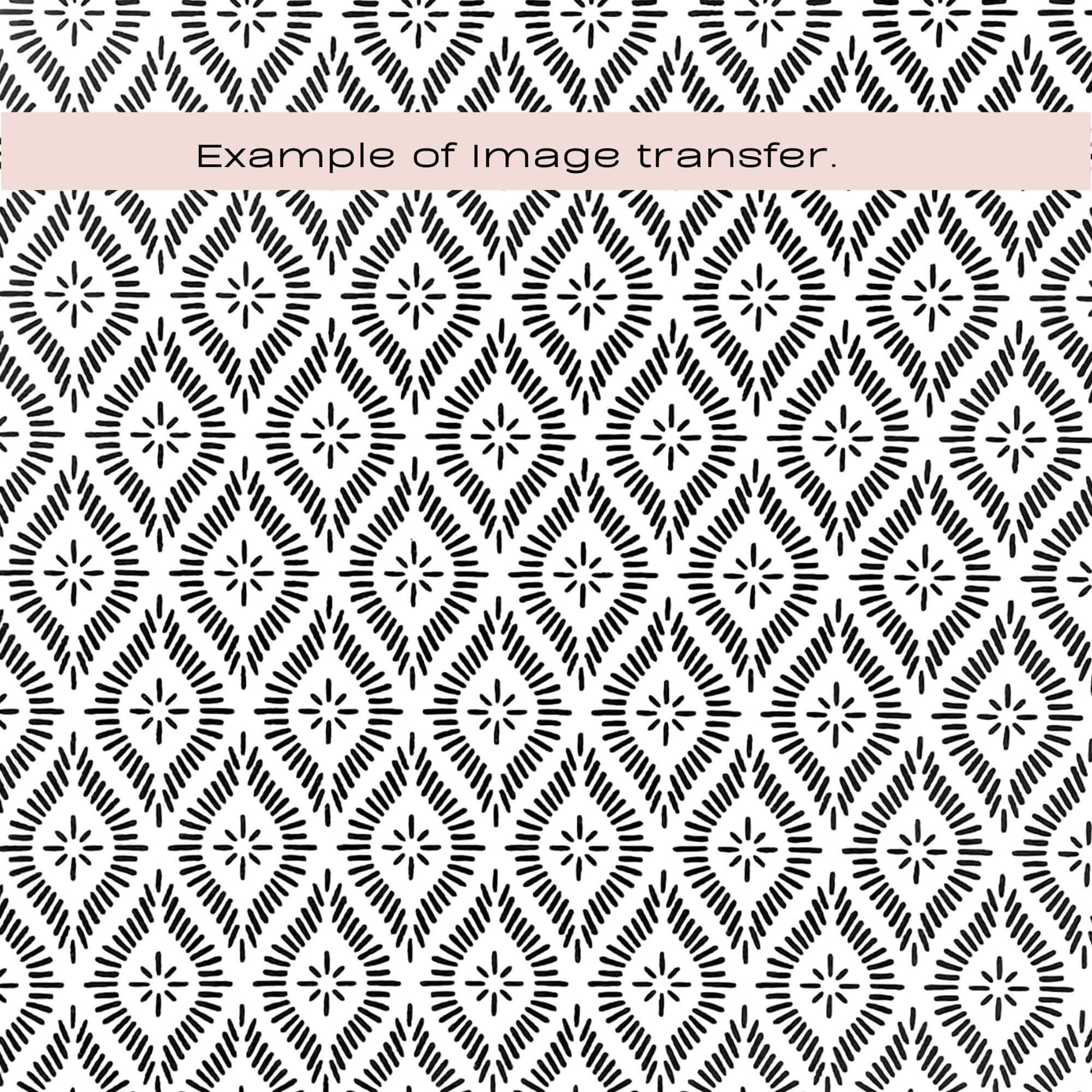 Diamond silkscreen stencil - ornate pattern. Black and white repeating geometric pattern with diamond motifs and a pale pink horizontal band across the top centre containing the text 'Example of image transfer.'.
