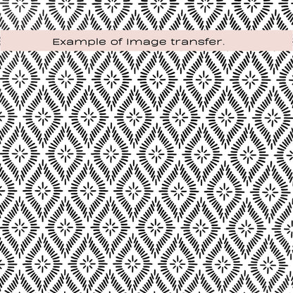 Diamond silkscreen stencil - ornate pattern. Black and white repeating geometric pattern with diamond motifs and a pale pink horizontal band across the top centre containing the text 'Example of image transfer.'.