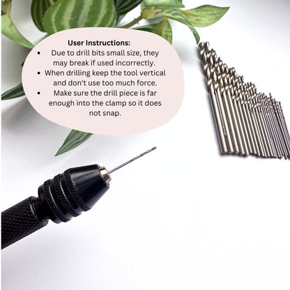 Small hand drill and bit set with user instructions on a white background