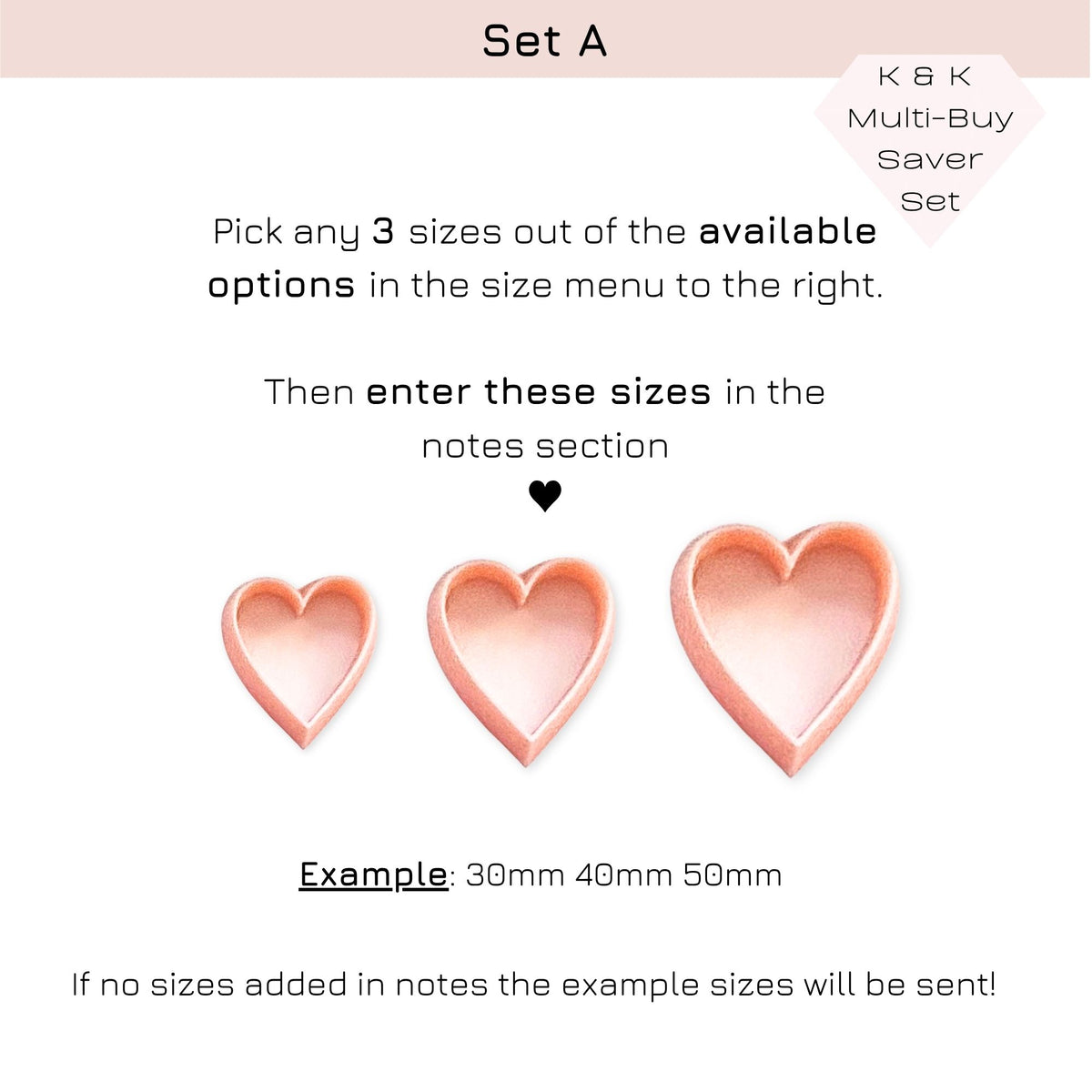 Instruction graphic for a heart-shaped accessory set labeled Set A, showing three pink heart shapes of different sizes with text explaining that customers can pick any 3 sizes from the available options and enter them in the notes section.