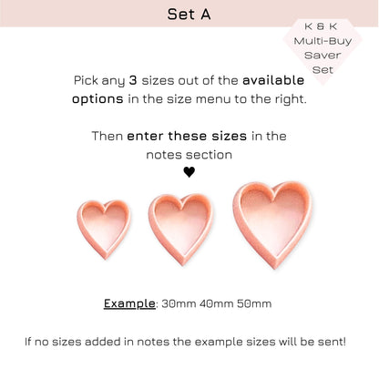 Instruction graphic for a heart-shaped accessory set labeled Set A, showing three pink heart shapes of different sizes with text explaining that customers can pick any 3 sizes from the available options and enter them in the notes section.