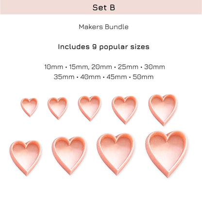 A product information graphic for a heart-shaped cutter or cookie cutter set labeled 'Set B' and 'Makers Bundle,' showing nine heart shapes in ascending sizes with listed dimensions from 10mm to 50mm on a white background.