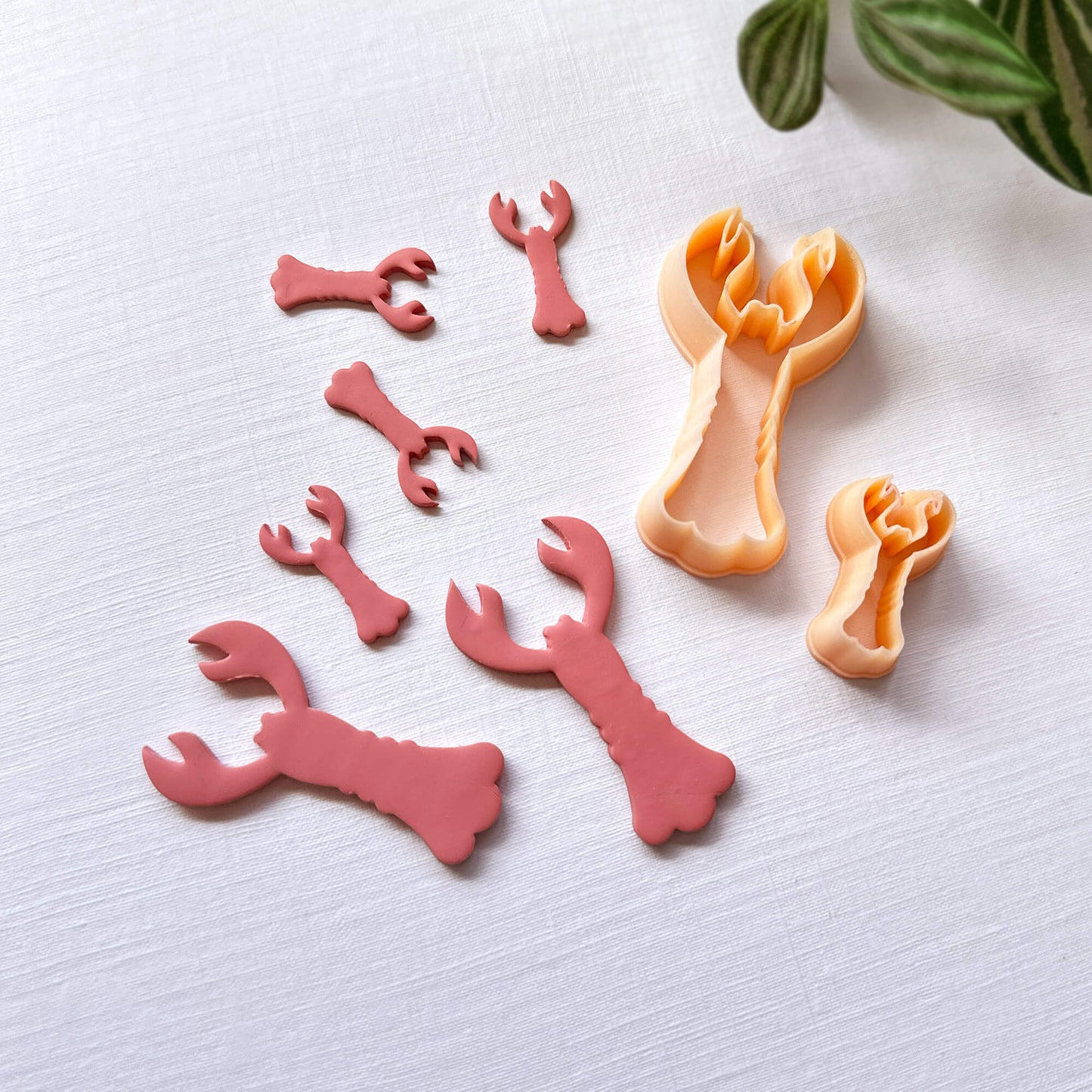 Set pf Pink polymer lobster cut outs in 25 and 50mm and the lobster shape clay cutter - on a light surface with green leaves in the background