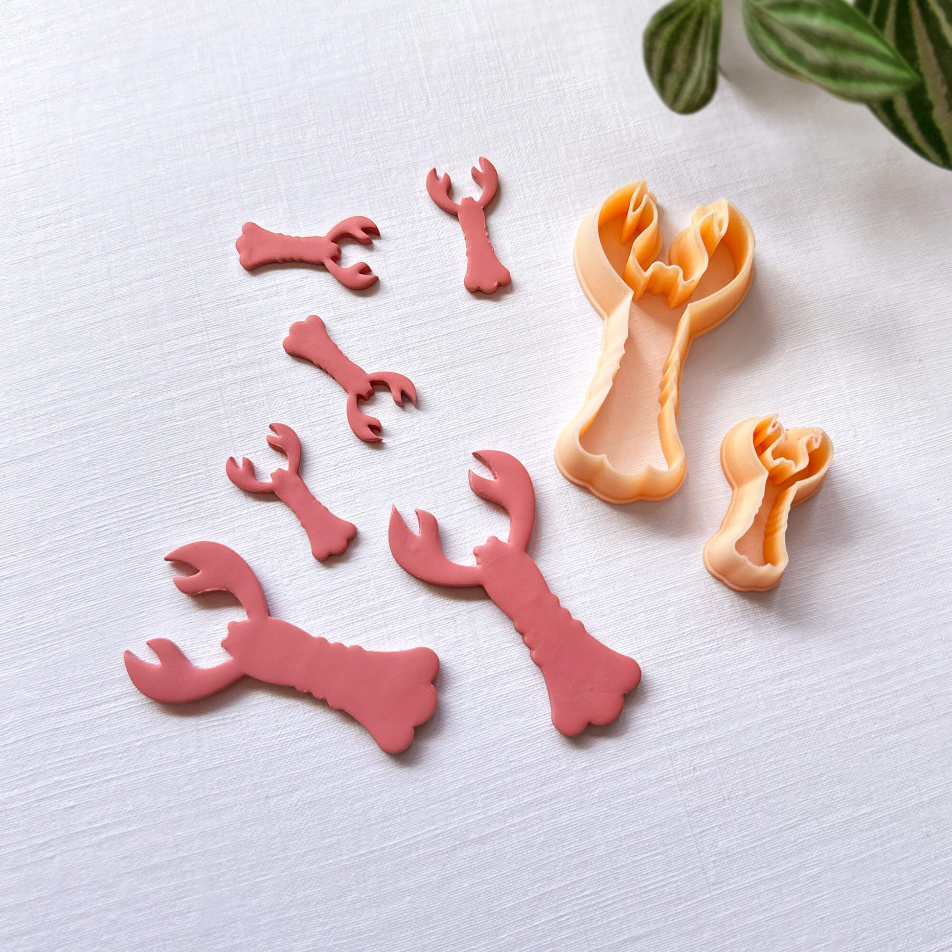 Set pf Pink polymer lobster cut outs in 25 and 50mm and the lobster shape clay cutter - on a light surface with green leaves in the background