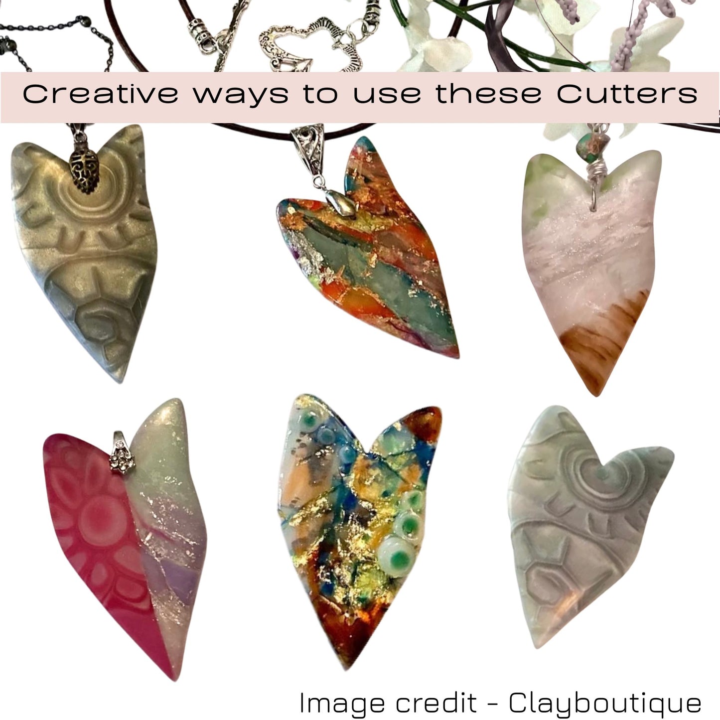 Colourful heart-shaped polymer clay cut-outs with a text overlay on a white background.