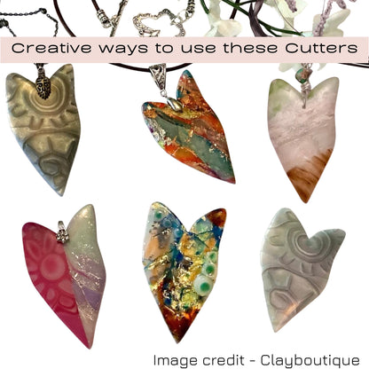 Colourful heart-shaped polymer clay cut-outs with a text overlay on a white background.