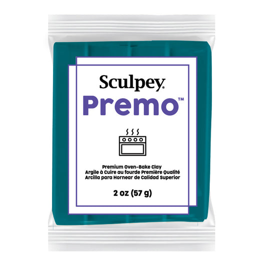 Sculpey Premo packaging and white label on a white background - Sculpey Premo Polymer Clay | Teal - 57g - 