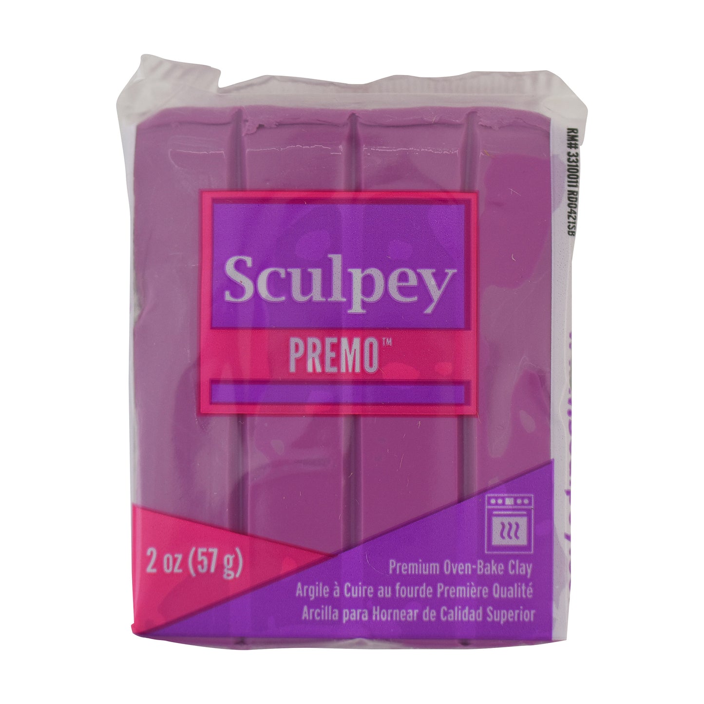 Sculpey Premo packaging with purple and pink design on a white background. Sculpey-Premo-polymer-clay-in-mauve-purple-clay is in packaging