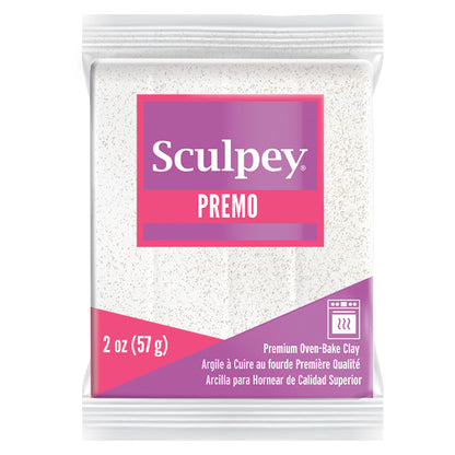Sculpey Premo clay package with purple and pink design on a white background -Sculpey Premo Polymer Clay | 57g - 5057 Frost White Glitter - 