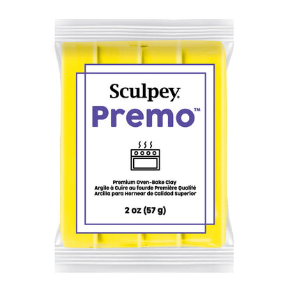 Sculpey Premo clay package with yellow clay and white label on a white background - Sculpey Premo Polymer Clay | zinc yellow - 57g - 