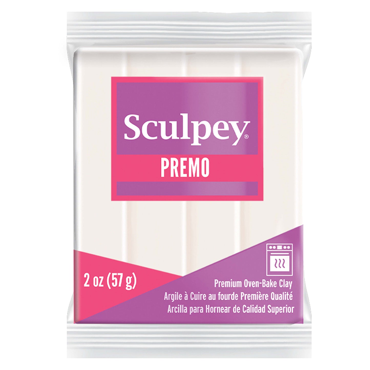 Sculpey Premo clay package with purple and pink design on a white background - Sculpey Premo Polymer Clay | White Translucent - 57g - 