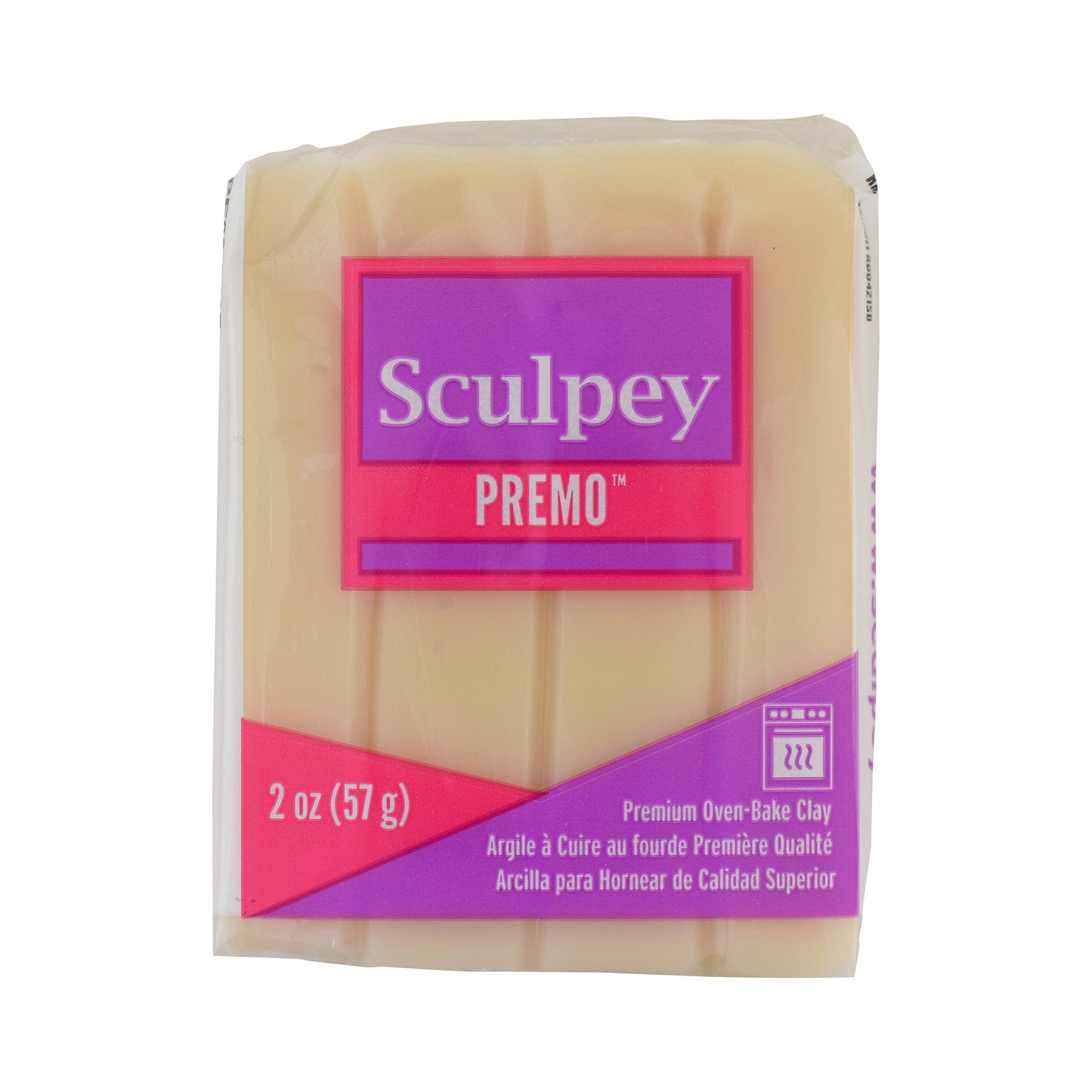 Sculpey Premo clay package with pink and purple design on a white background - Sculpey Premo Polymer Clay | White Translucent - 57g - 
