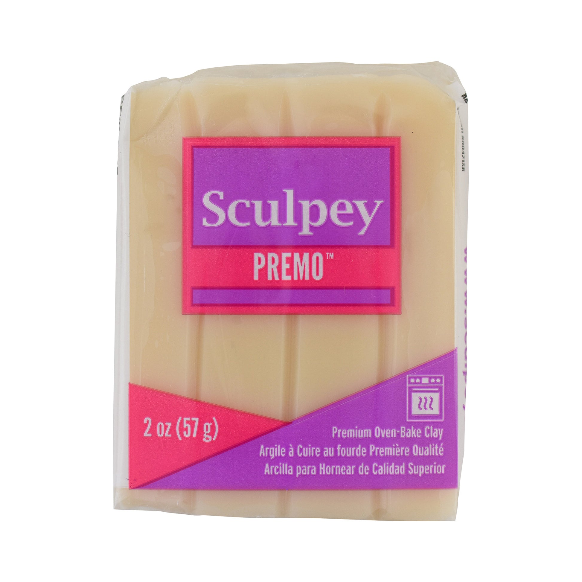 Sculpey Premo clay package with pink and purple design on a white background - Sculpey Premo Polymer Clay | White Translucent - 57g - 