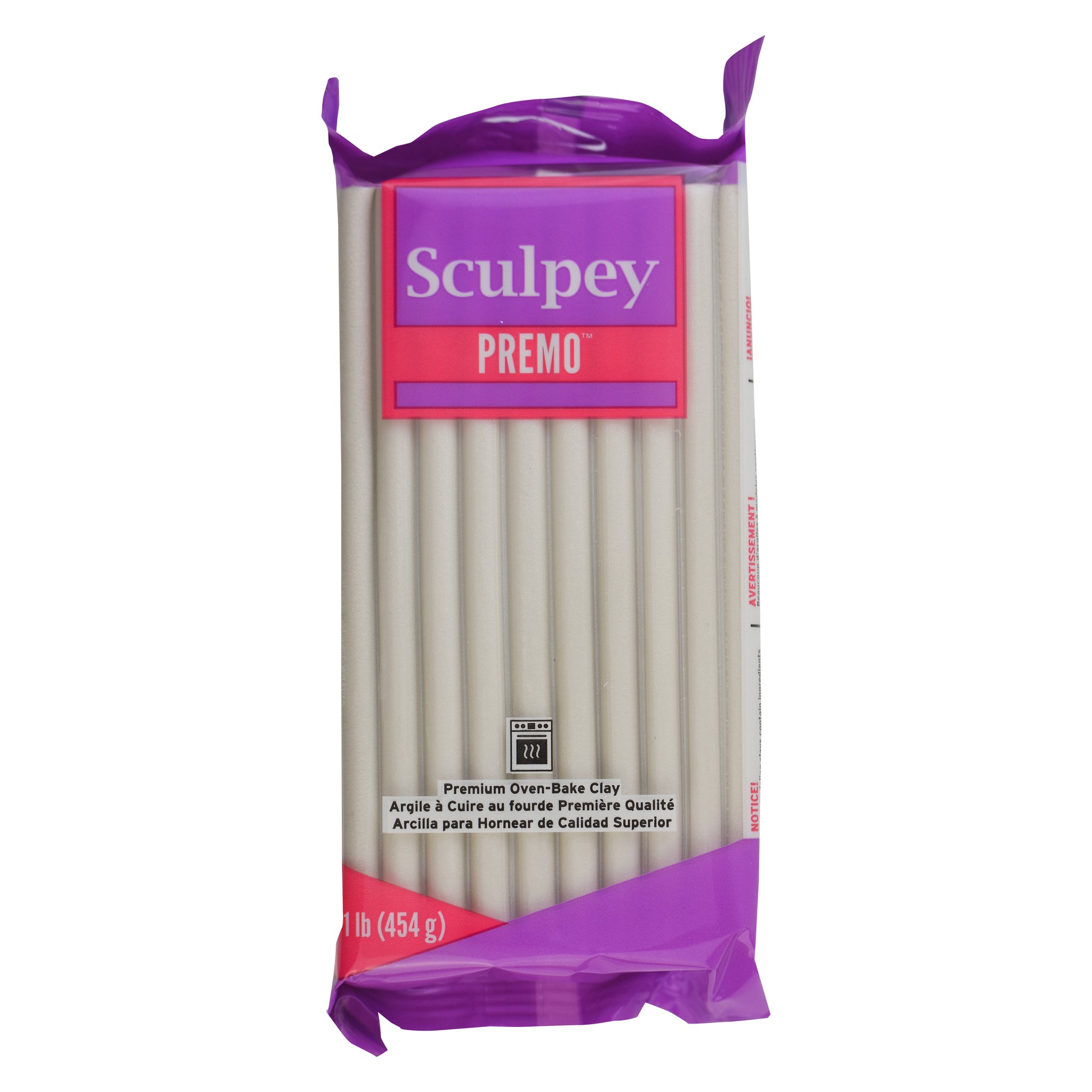Pack of Sculpey Premo pearl white oven-bake polymer clay with purple and white packaging on a white background