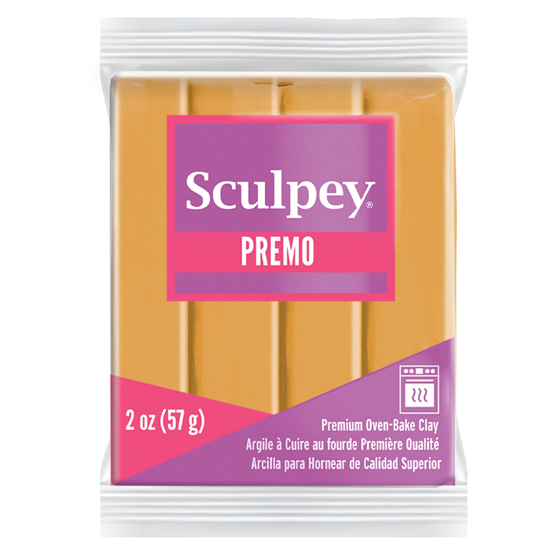 Sculpey Premo clay package with pink and purple design on a white background - Sculpey Premo Polymer Clay | Mustard - 57g - 