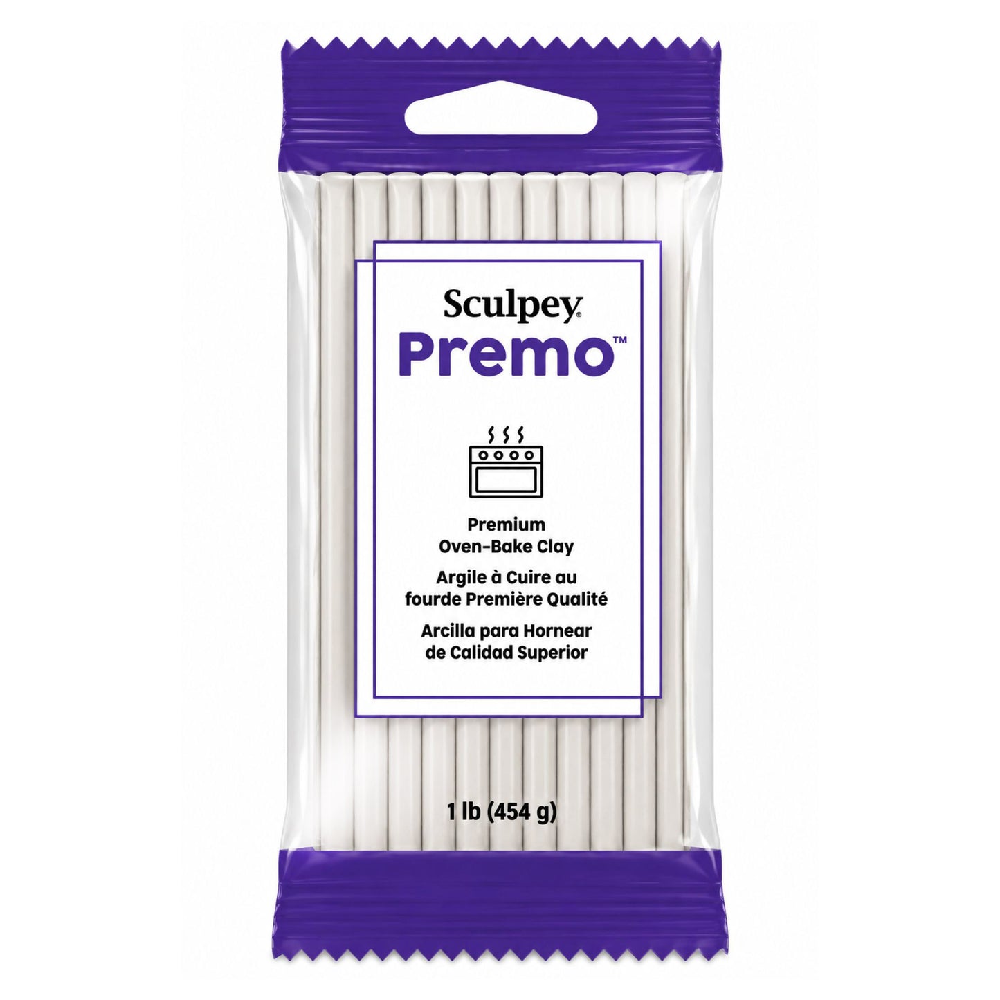 Pack of Sculpey Premo pearl white oven-bake polymer clay with purple and white packaging on a white background 454g