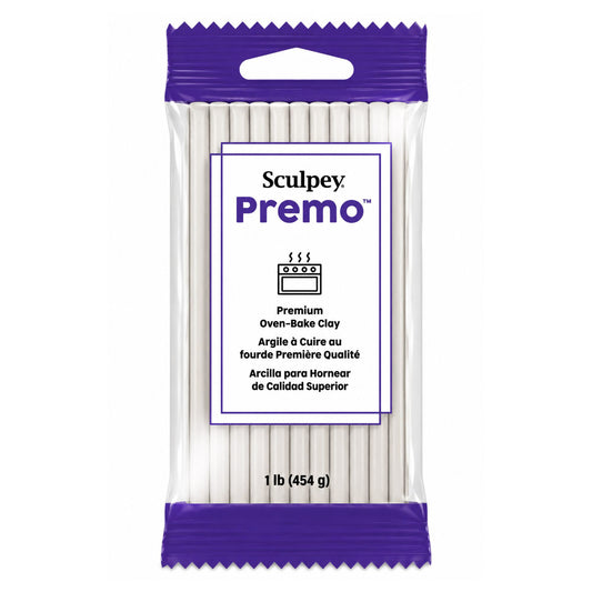 Pack of Sculpey Premo pearl white oven-bake polymer clay with purple and white packaging on a white background 454g