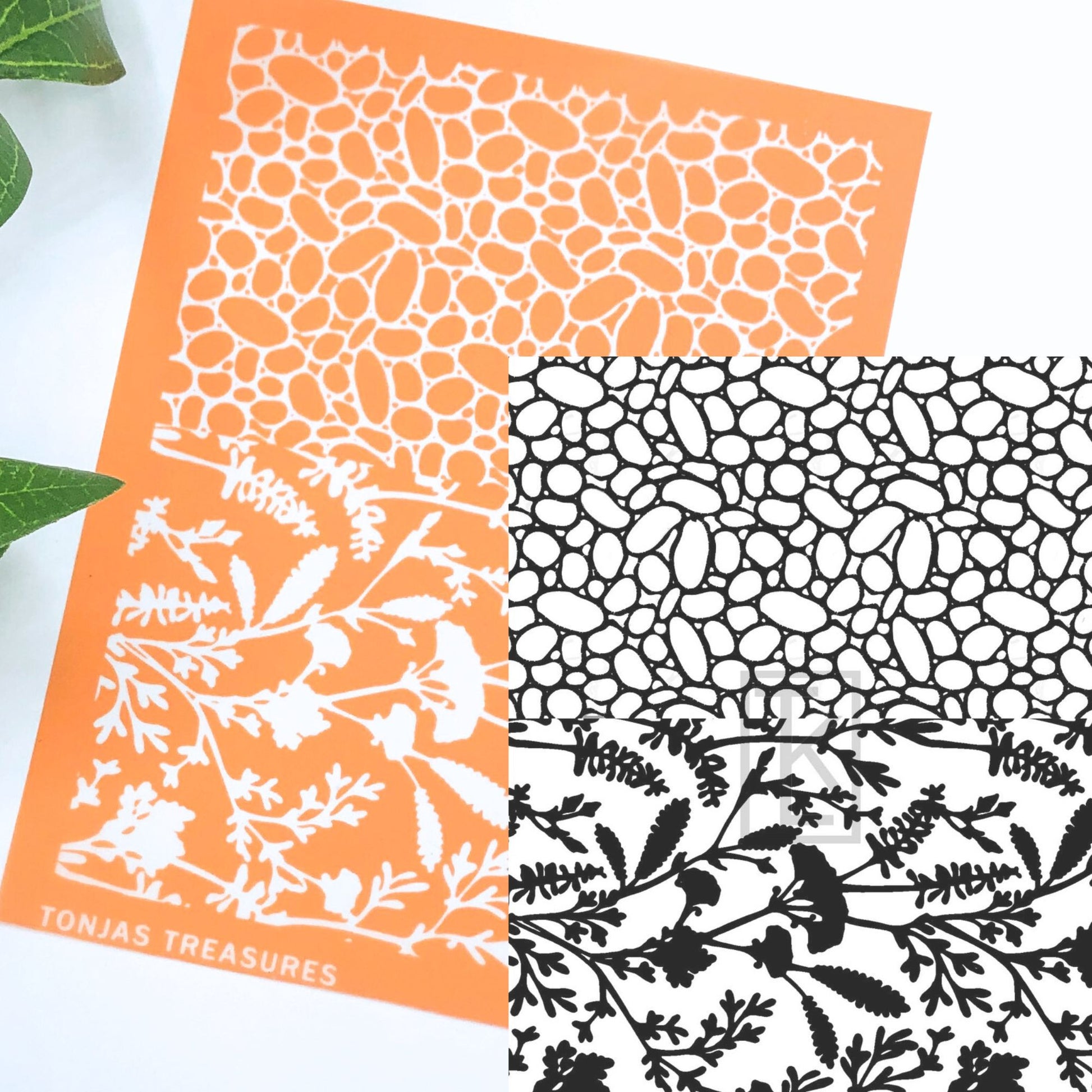River rock silkscreen stencil. Surface paint screen for polymer clay - picture shows the orange silkscreen with an overlaying black & white image transfer of the design.