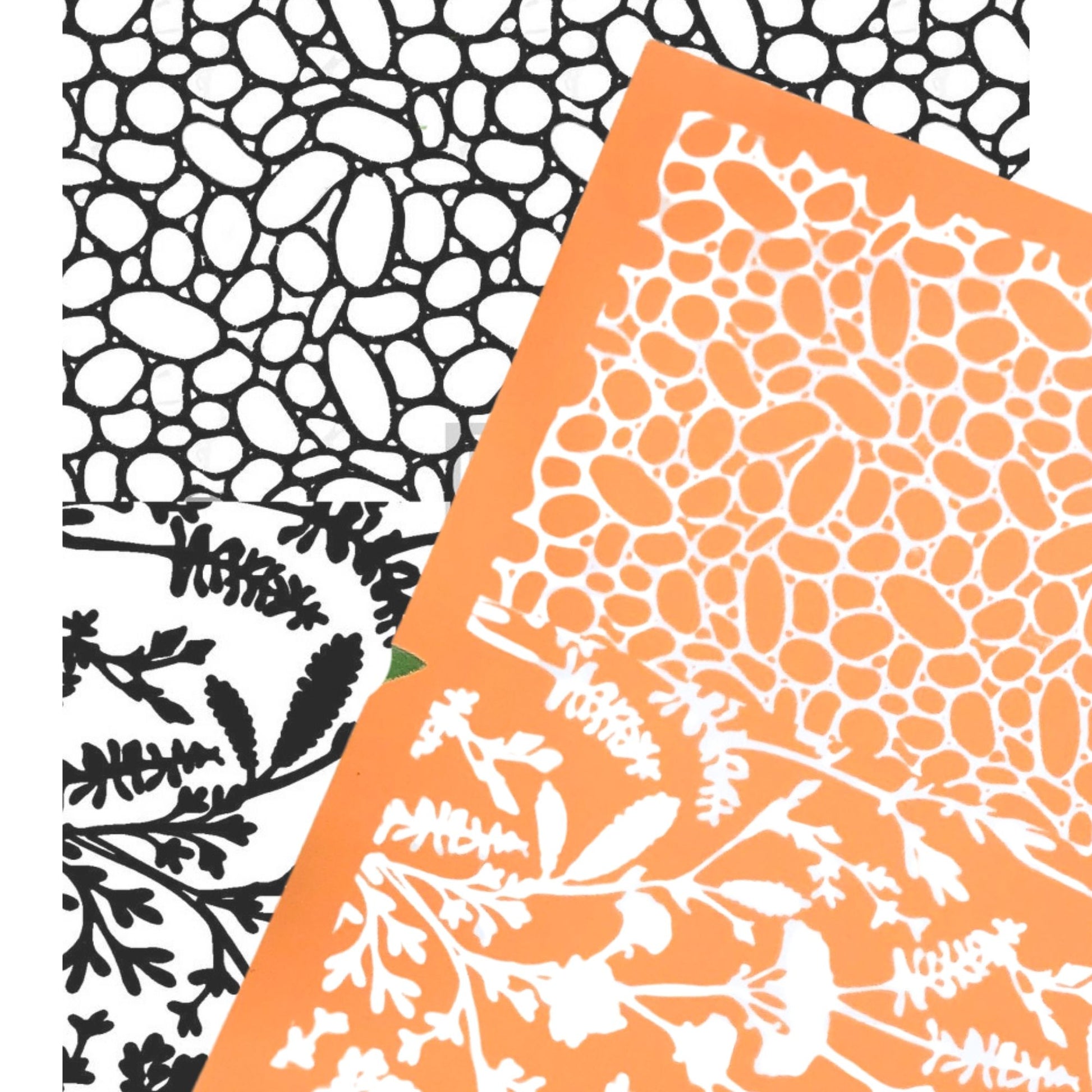 River rock silkscreen stencil. Surface paint screen for polymer clay - picture shows the orange silkscreen with wildflowers and pebbles overlaying a black & white image transfer of the design.