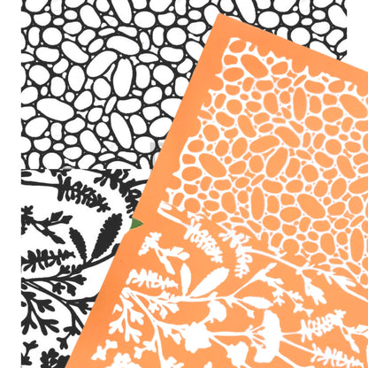 River rock silkscreen stencil. Surface paint screen for polymer clay - picture shows the orange silkscreen with wildflowers and pebbles overlaying a black & white image transfer of the design.