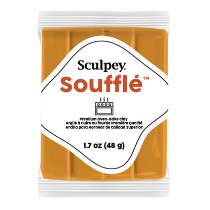Sculpey Souffle packaging with creme brulee clay block and white label on a white background - limited edition