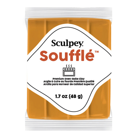 Sculpey Souffle packaging with creme brulee clay block and white label on a white background - limited edition