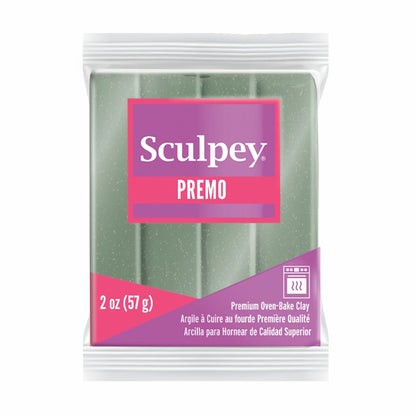 Sculpey Premo clay package with green clay inside on a white background -Sculpey Premo Polymer Clay | Sage Pearl - 57g - 