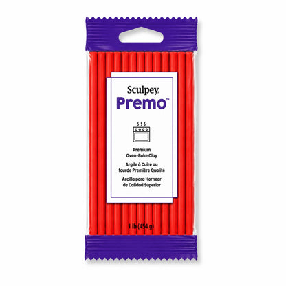 A package of Sculpey Premo Premium Oven-Baked Clay, featuring bright cadmium red clay inside a clear plastic bag with purple ends and a white label.