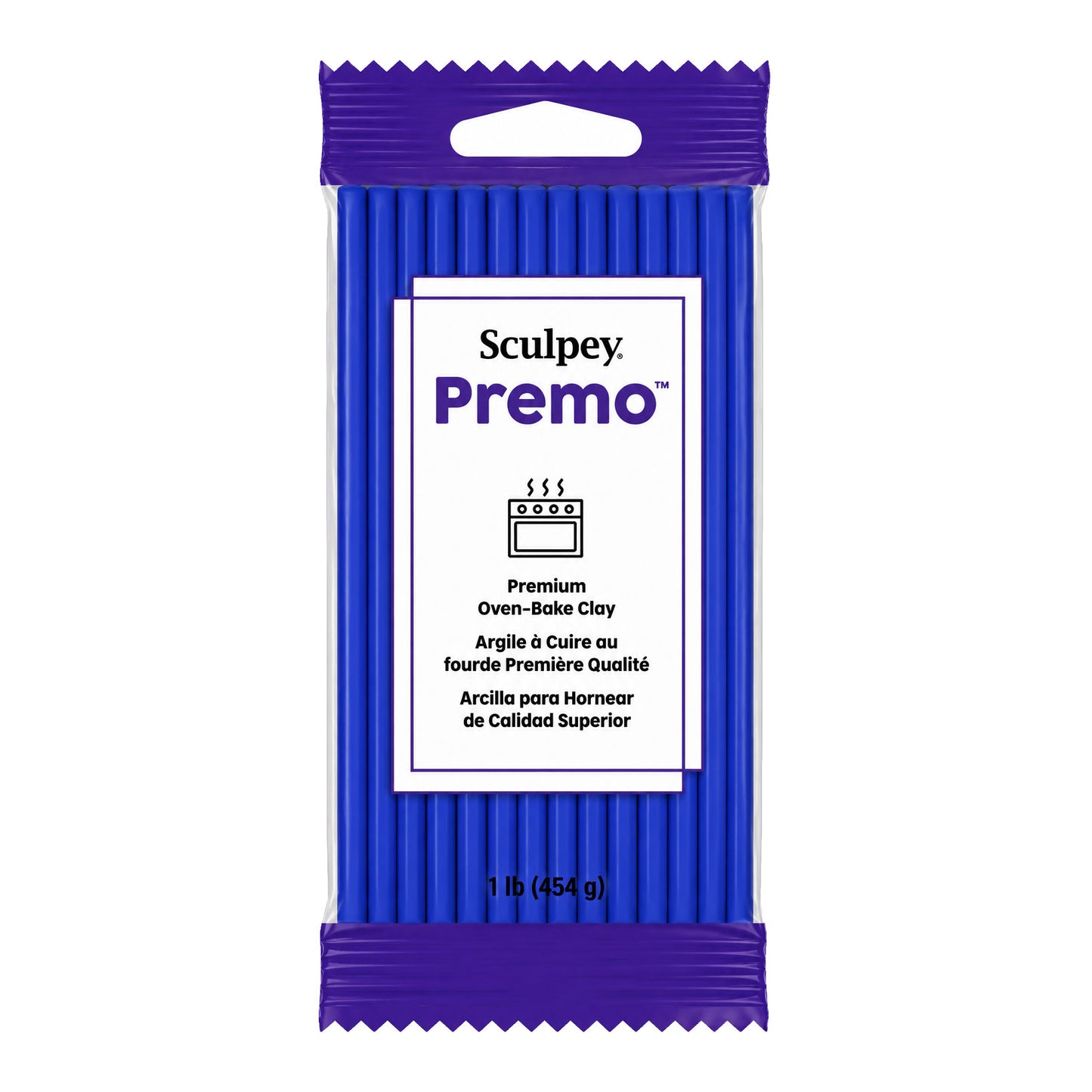 A package of Sculpey Premo Premium Oven-Bake Clay in a single ultramarine blue color, featuring a white label in the centre, shown on a plain white background.