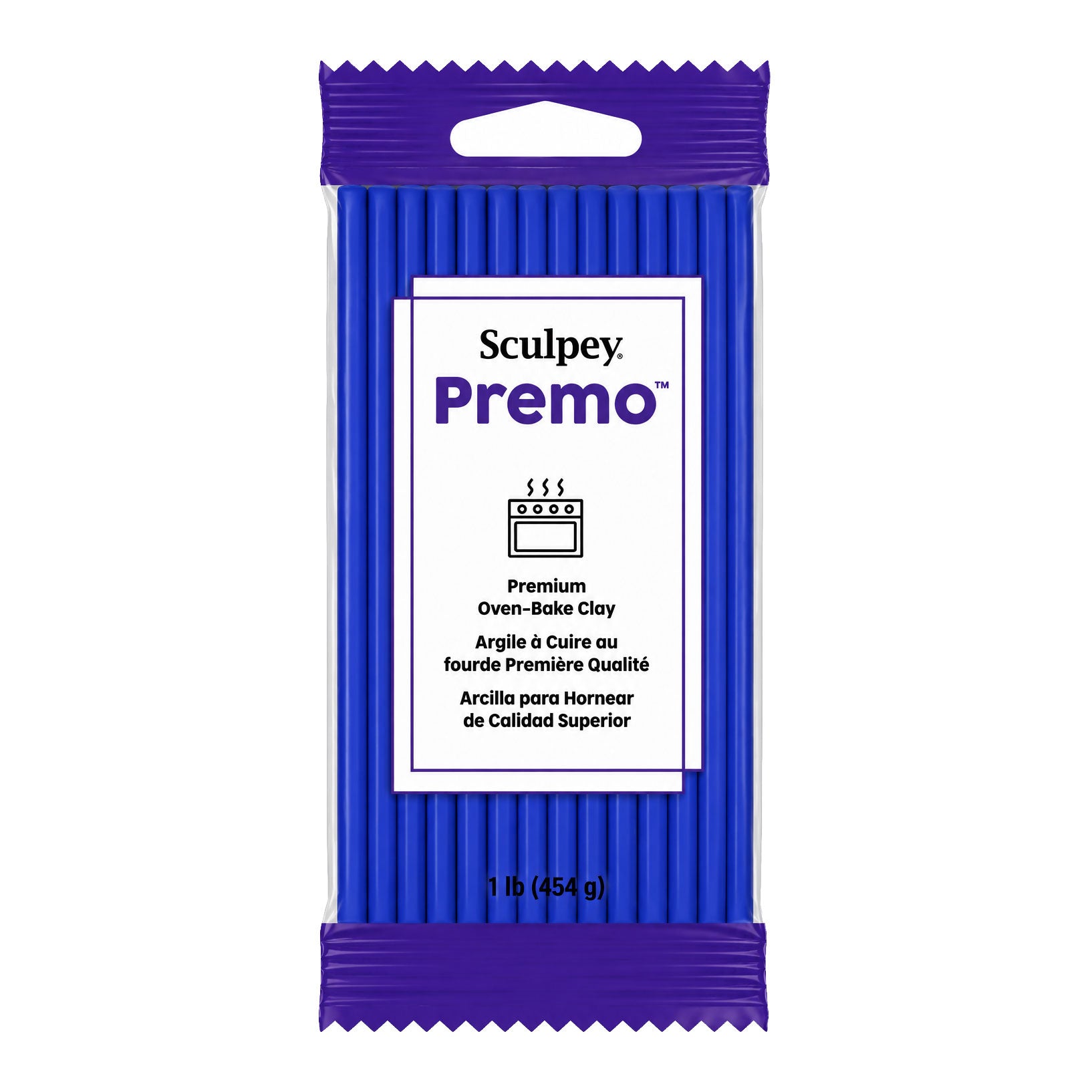 A package of Sculpey Premo Premium Oven-Bake Clay in a single ultramarine blue color, featuring a white label in the centre, shown on a plain white background.