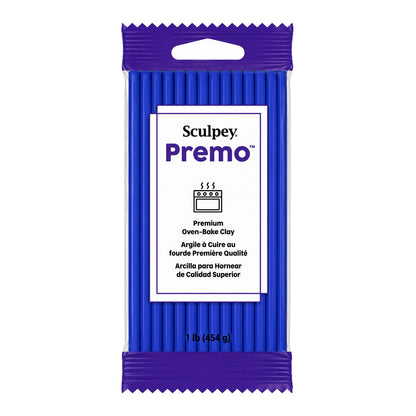 A package of Sculpey Premo Premium Oven-Bake Clay in a single ultramarine blue color, featuring a white label in the centre, shown on a plain white background.