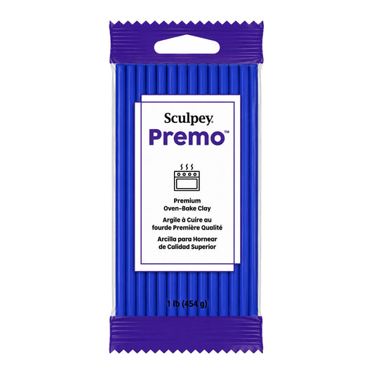 A package of Sculpey Premo Premium Oven-Bake Clay in a single ultramarine blue color, featuring a white label in the centre, shown on a plain white background.