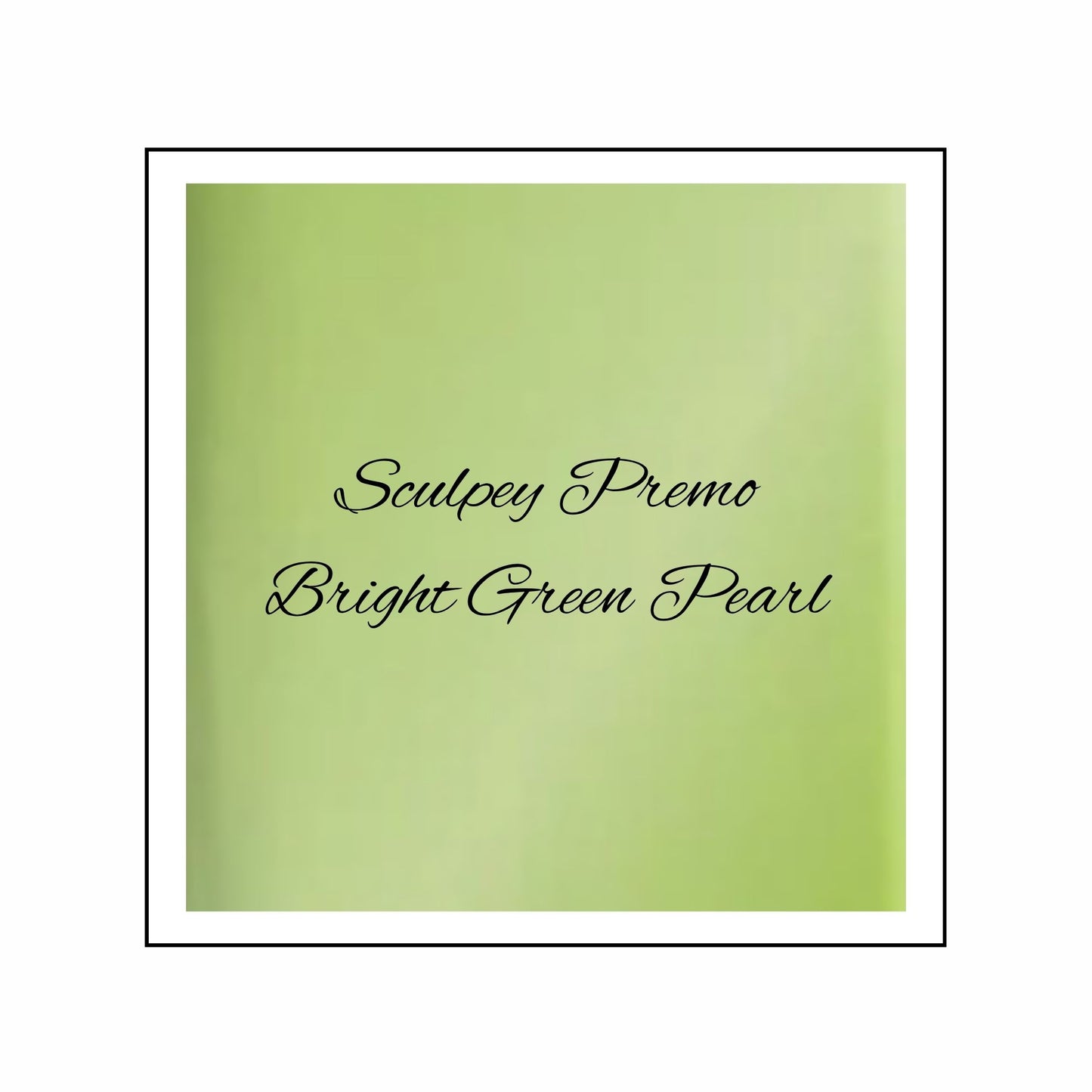 Sculpey Premo Bright Green Pearl clay color swatch on a green background -