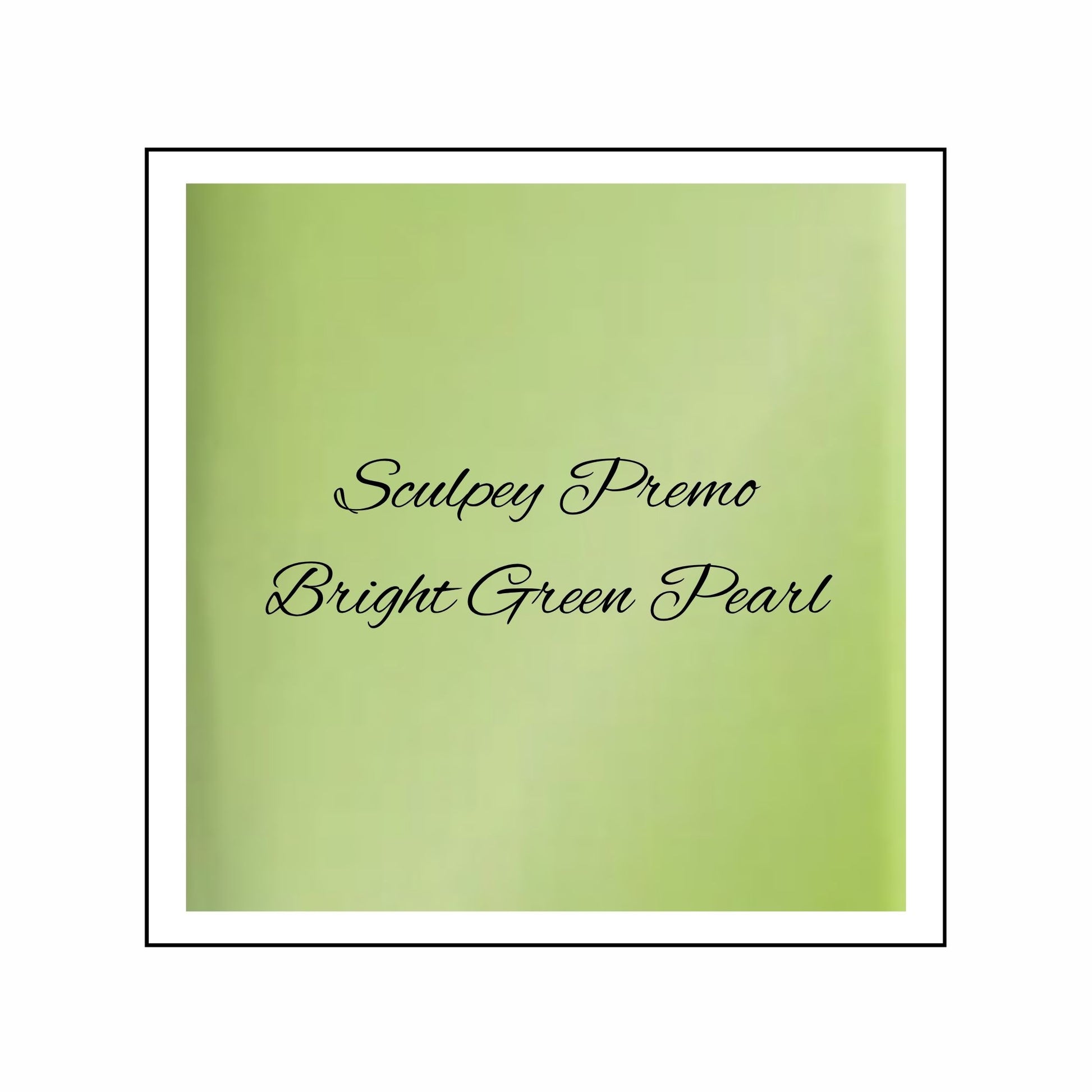 Sculpey Premo Bright Green Pearl clay color swatch on a green background -
