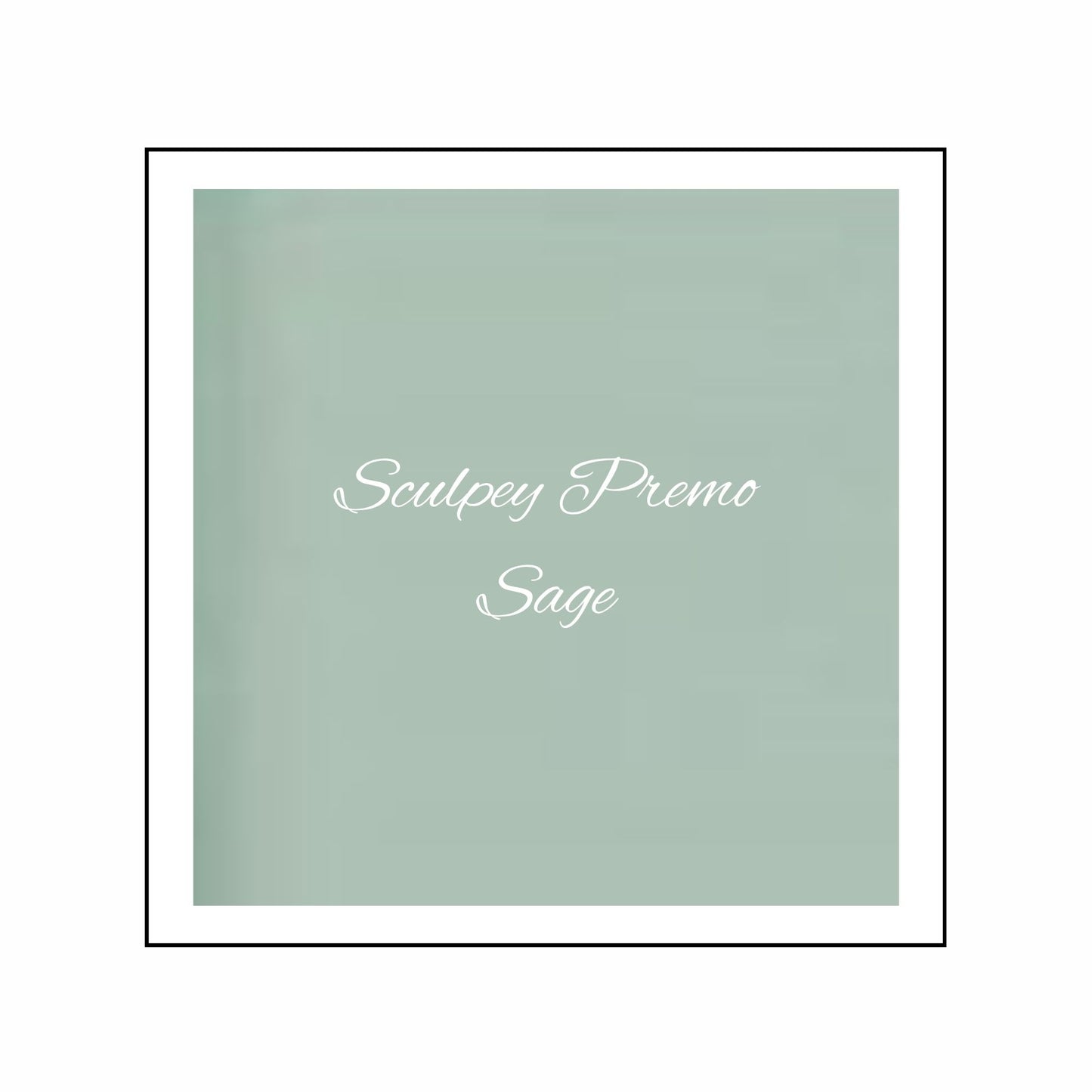 Sculpey Premo Sage clay color swatch with text on a light green background