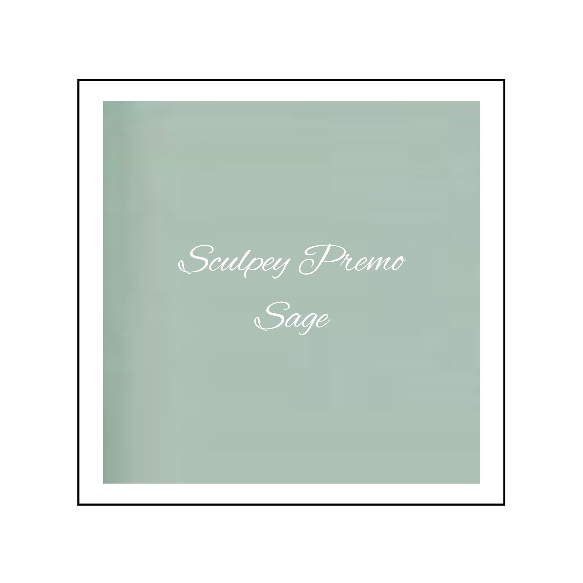 Sculpey Premo Sage clay color swatch with text on a light green background