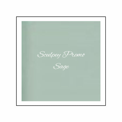 Sculpey Premo Sage clay color swatch with text on a light green background