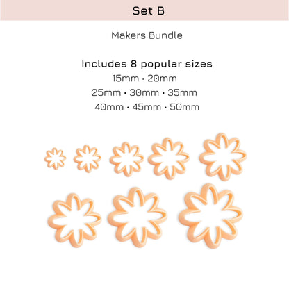 Set B Makers Bundle showing eight flower-shaped cutter sizes ranging from 15mm to 50mm, displayed on a clean white background with descriptive text above.