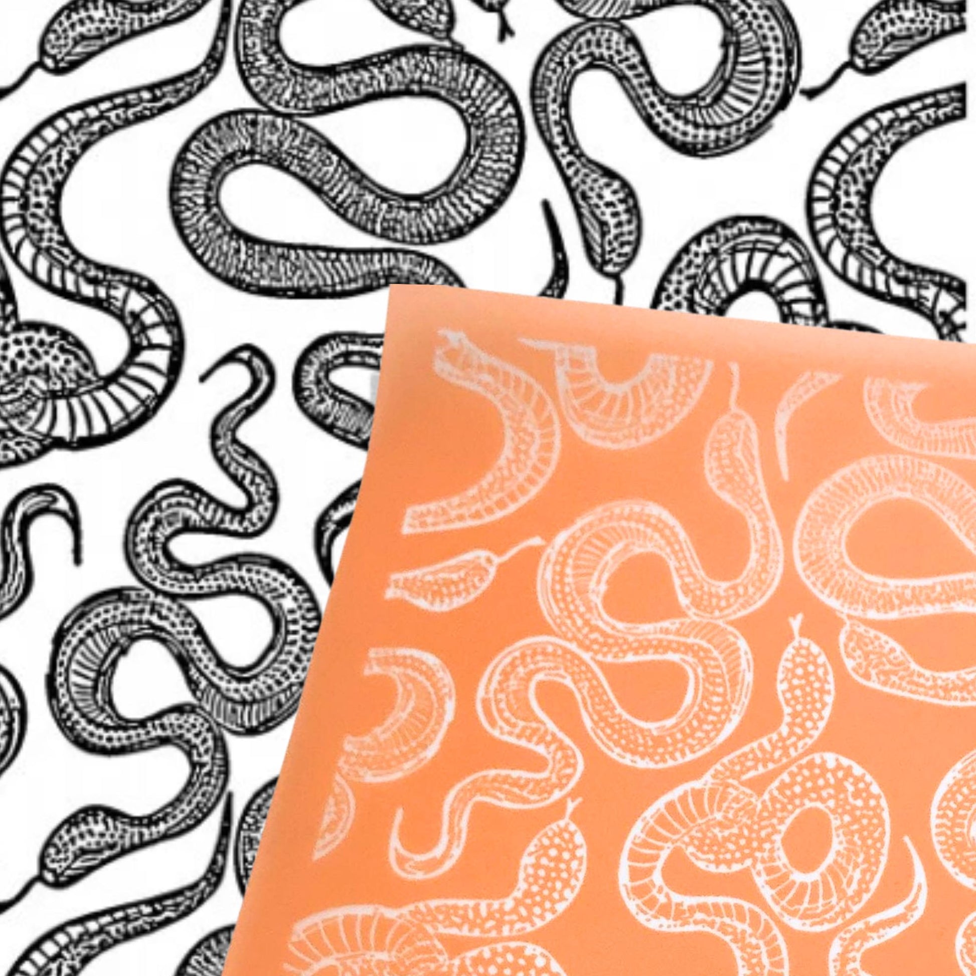 Orange silkscreen stencil with a repeating snake design. The one in black ink on white is the image reversed 