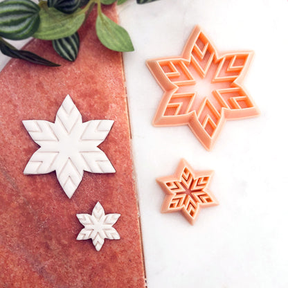 Two snowflake-shaped cookie cutters in peach , shown alongside matching cutouts on a split white and terracotta background with green leaves at the top.