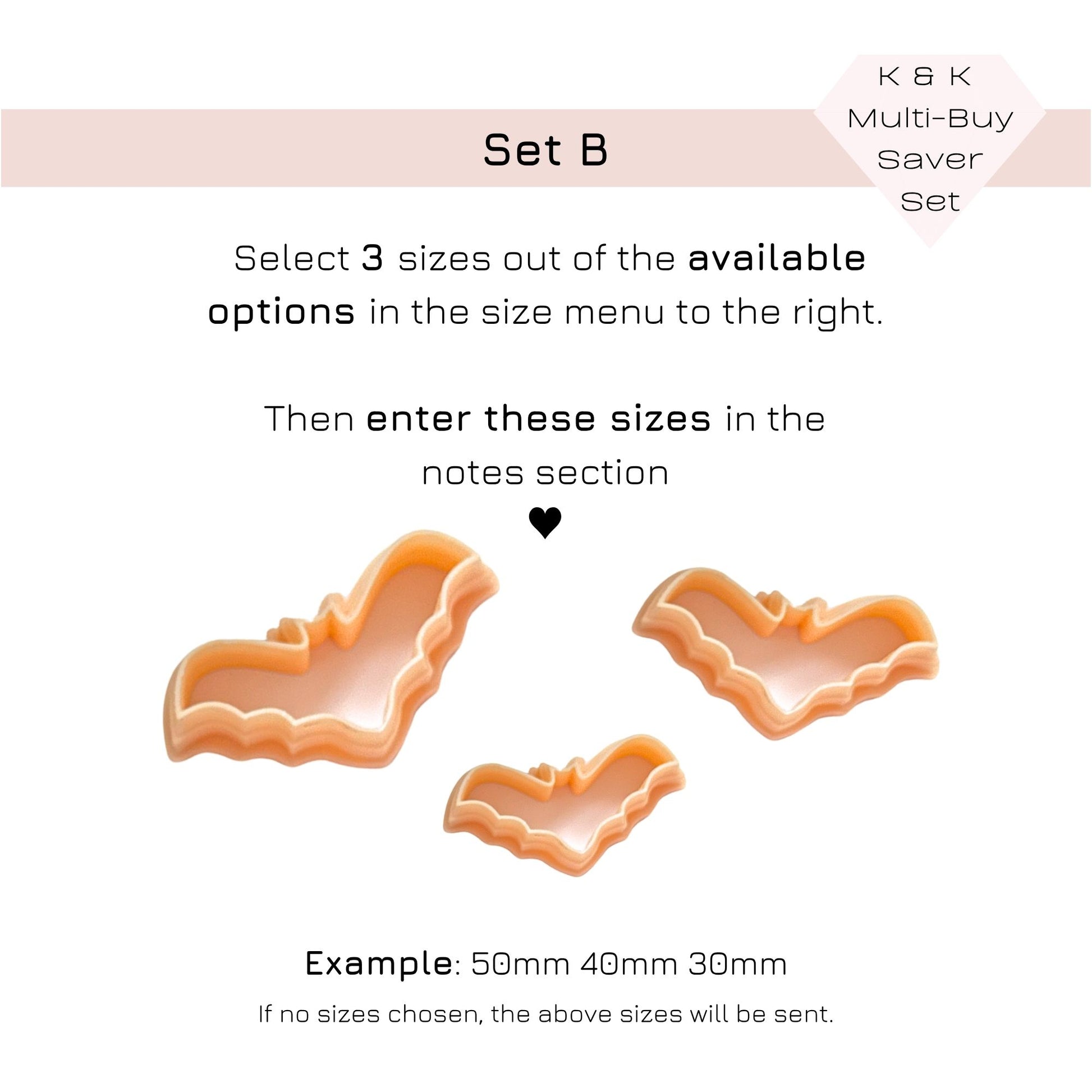 A product information graphic for a multi-buy cookie cutter set labeled 'Set B'. It shows three bat-shaped cookie cutters in peach and orange tones on a white background, with text explaining that customers select 3 sizes from the available options and enter them in the notes section.