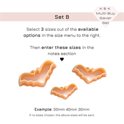 A product information graphic for a multi-buy cookie cutter set labeled 'Set B'. It shows three bat-shaped cookie cutters in peach and orange tones on a white background, with text explaining that customers select 3 sizes from the available options and enter them in the notes section.